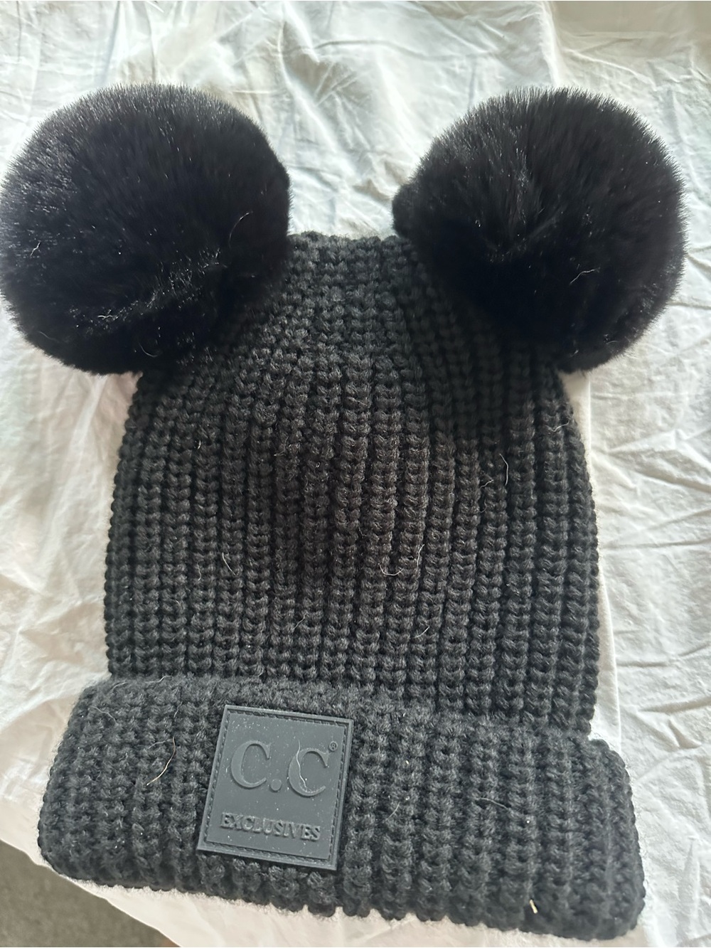 C.C. Boutique Black Double Pom Ribbed Beanie